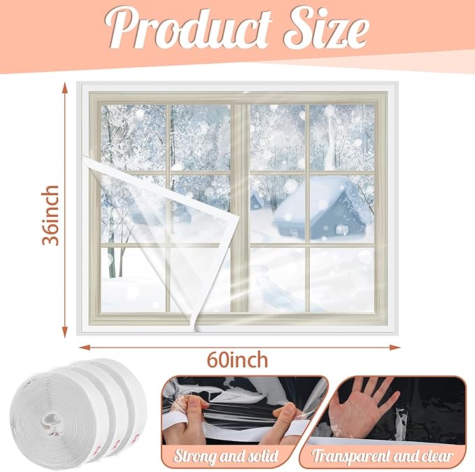Frienda 3 Pcs Window Insulation Kit 36 x 60 Inch Plastic Window Covering for Winter Transparent Insulation Winterizing Waterproof Film with Double-Sided Tape Thicken Cuttable Clear Warm Cover