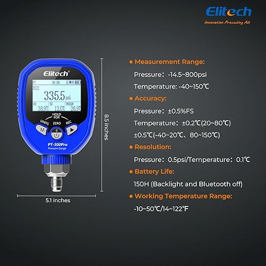 Elitech PT-500Pro Digital Pressure Gauge – HVAC Refrigeration Manifold Gauge with Bluetooth, Temperature Measurement, and Data Logging