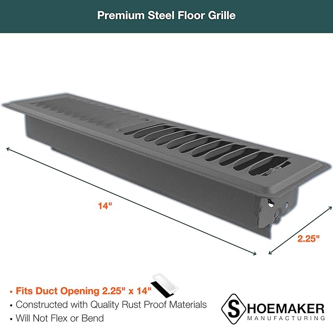 Shoemaker 2x14 Floor Register – Storm Gray Heavy Duty Metal Floor Vent Cover for Home Floors - Premium Forced Air Vent Covers