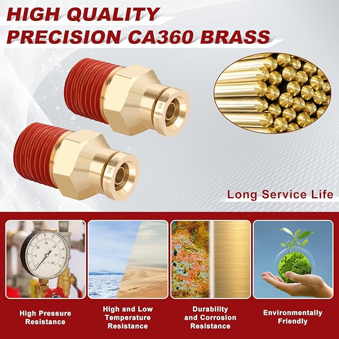 1/4" Quick Push to Connect Fittings Brass Union Straight Joint DOT Approved for Tube OD x NPT Thread Air Line Adapter Suspension Kit for Truck Trailers and Brake System 4pcs