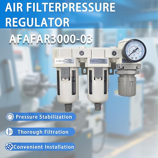 XingNEeng 3/8" NPT Compressed Air Filter Regulator Lubricator (FRL) Unit, Double Water/Oil Trap Separator, Gauge(0-150 psi), Semi-Auto Drain Air Compressor Water Separator, Poly Bowl, Metal Bracket