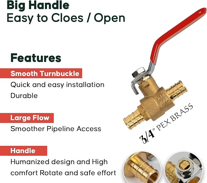 3/4" Pex Brass Ball Valve - Pex Fittings 3/4 Inch - 3/4 Pex Shut Off Valve - Crimping Tool - Fittings 3/4 Inch - Water Hose Shut Off Valve - Crimp Brass Ball Valve Hot Cold (Pack of 10)