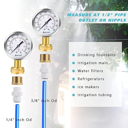 Water Pressure Gauge Kit, Glycerin Filled Test with Lead-Free Brass Hose Fittings, 3/4'' Female Coupler Plus 5 Adapters to in Multiple Systems, 2-2/3'' dial, 0-200 Psi
