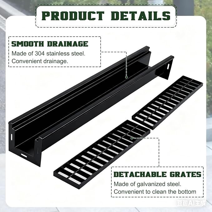 Blulu 1 Pcs 304 Stainless Steel Channel Drain with Galvanized Steel Grate 39.4x5.9x5.5 Inch Trench Drain Kit for 3'' Pipe Durable French Drains System for Outdoor Driveway Garage Yard (Black)