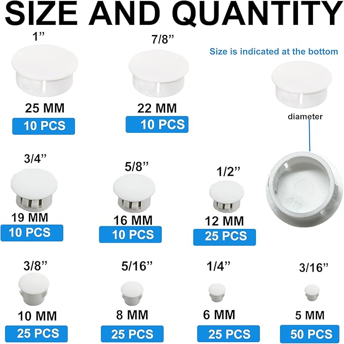 190Pcs 9 Sizes Plastic Hole Plugs 3/16" 1/4" 5/16" 3/8" 1/2" 5/8" 3/4" 7/8" 1" Hole Plugs for Round Holes, Screw Hole Covers, Base Plugs, Furniture & Cabinet Hole Cap -White
