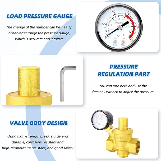 MEANLIN MEASURE 3/4 inch brass Water pressure regulating valve, pressure regulating valve, pressure reducing valve, DN20, with 0-250PSI pressure gauge Yellow