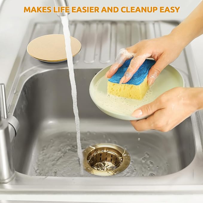 BOTEMY Stainless Steel Gold Sink Drain Strainer 3-1/2'' Kitchen Sink Drain Assembly Kit with Removable Deep Sink Strainer Basket and Sink Stopper Flat Cover Replacement for Home Standard Kitchen Sinks