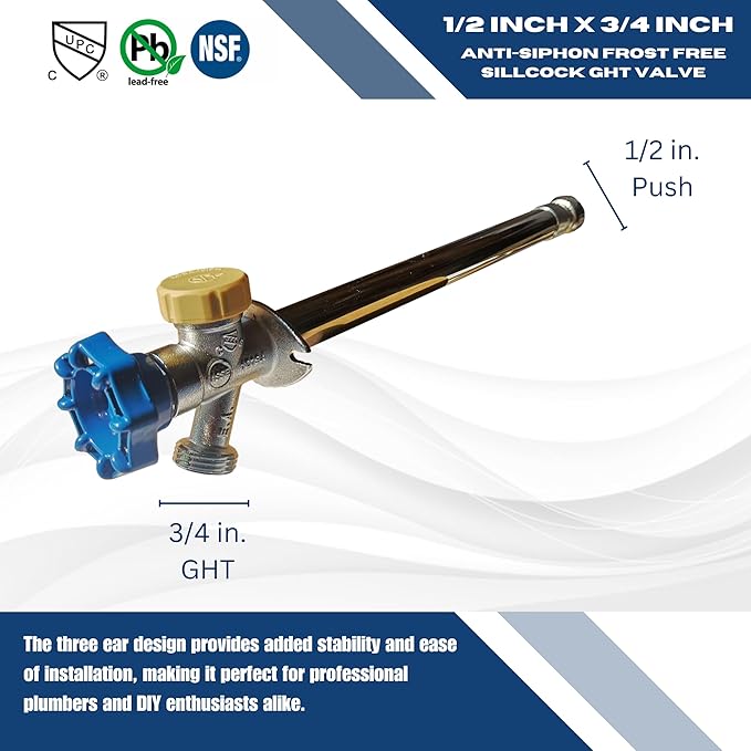 Garden Hose Threaded Sillcock - Anti-Siphon & Frost Free - 10” long - 1/2" Pushfit x 3/4" GHT with Ball Valve - Blue Handle