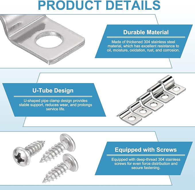 uxcell 50Pcs 5mm(3/16") One Hole Rigid Pipe Strap, 304 Stainless Steel Conduit Clamp Thicken U Bracket Heavy Duty Pipe Clamp with Self-Tapping Screws for Fixing Tube Cable, Silver