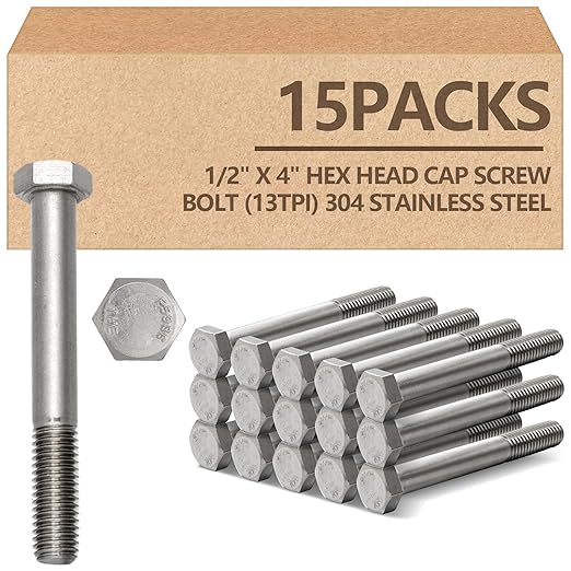 15 Pack 1/2-13 x 4'' Hex Head Cap Screw Bolt 304 Stainless Steel Half Thread External Hex Drive Screw Bolt Fastener for Wet Outdoor Metal Framing Concrete Reinforcement Railing Trellises