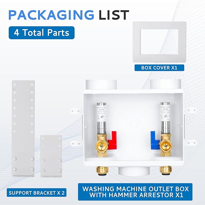 Premium Washing Machine Outlet Box, with Stainless Steel Water Hammer Arrestor, 1/2" Push-Fit x 3/4" MHT, Laundry Washer Valve Outlet Box with Clear Text Instructions