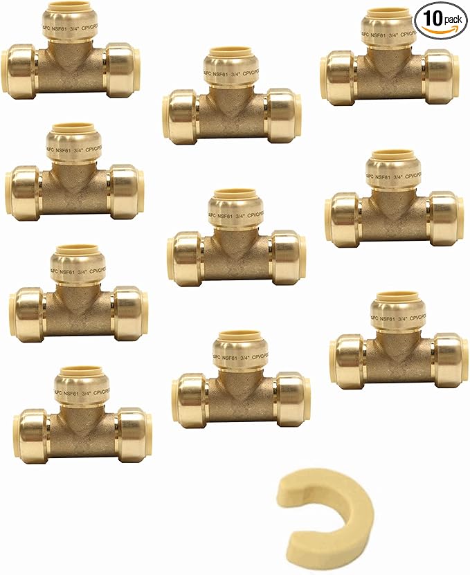 10-Pack EFIELD 1/2-Inch Tee Push-Fit Fitting to Connect Pex, Copper, CPVC with a Disconnecting Clip, UPC Certified,(PF080)