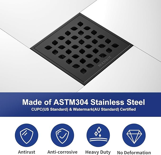 Square Shower Drain, 4" Matte Black 304 Stainless Steel Drain Grate Removable Drain Key with PVC Bonding Flange Base for Low Profile Floor Tiles, CUPC Certified