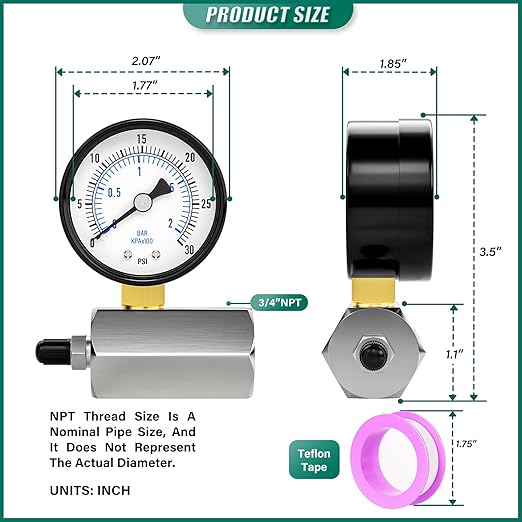 0-30PSI Gas Test Pressure Gauge, 2" Dial Size, 3/4" FNPT Connection, -3-2-3% Accuracy, Brass Valve, Chrome Plated Steel Body Assembly, for as Well as Gas line, air Circuit, Pressure Test
