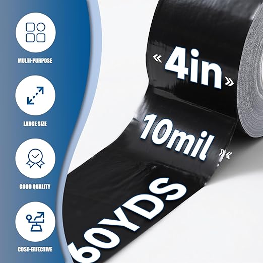 Heavy Duty Black Duct Tape, 10 Mil Extra Thick, 4 in x 60 Yds (180 ft), Waterproof, Strong Adhesive, No Residue, Multi-Purpose Home Repairs, Tearable for Indoor and Outdoor Use