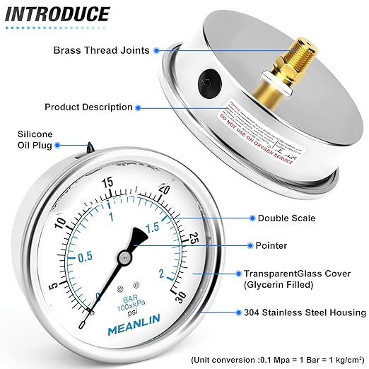 MEANLIN MEASURE 0~30Psi Stainless Steel 1/4" NPT 4" FACE DIAL Liquid Filled Pressure Gauge WOG Water Oil Air Back Mount, with 1/4" x 1/2" NPT and 1/4" x 3/8" NPT Hex Bushing