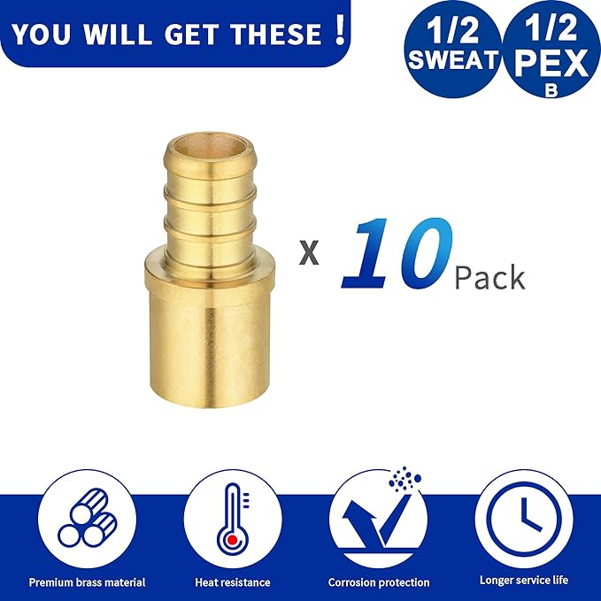 (10 Pack) Lidertik Copper to Pex Fittings 1/2 inch, 1/2" Pex F1807 x 1/2" Male Sweat Adapter Brass
