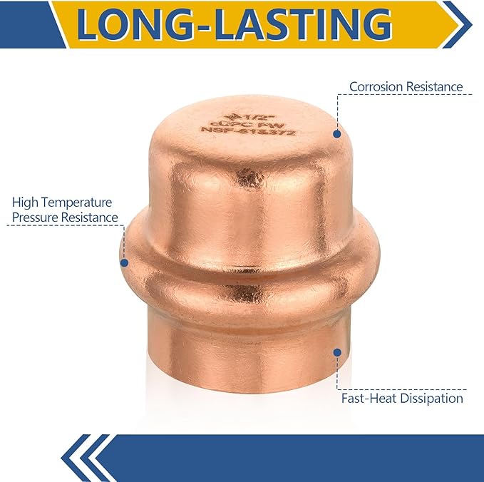 10-Pack GUOFIS Copper Press End Cap, 1/2" x 1/2" Plug Fittings for Copper Tube Connection with Stop(PRESS020)