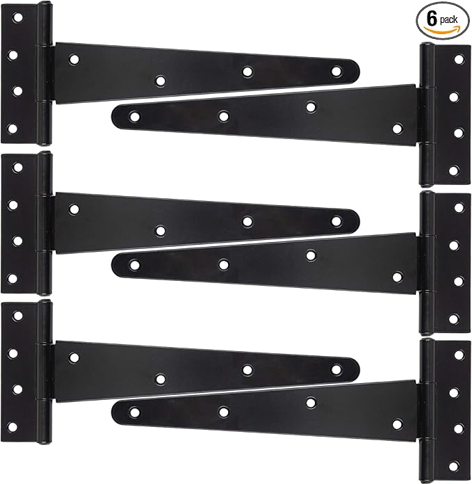 HLMOptimo Heavy Duty T Hinge Tee Hinge T Strap Hinge Shed Hinge Gate Hinge Barn Hinge Fence Hinge Door Hinge Wrought Rustproof All Size Black (6 pcs, 10 inch
