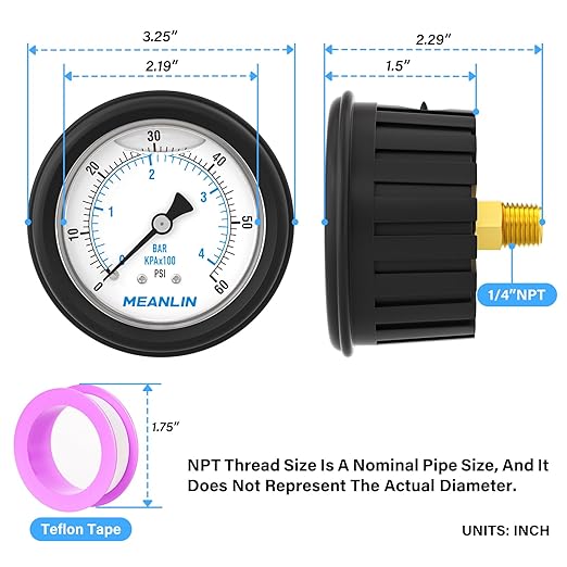 MEANLIN MEASURE 0~60Psi Stainless Steel Liquid Filled Pressure Gauge 1/4" NPT 2.5" FACE DIAL with Rubber Protective Sleeve, Center Back Mount