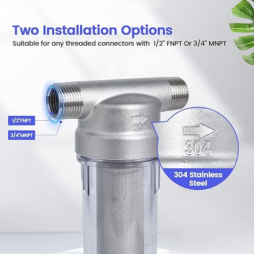 Amwater 304 Stainless Steel 40 Micron Spin Down Water Filter, Whole House Spin Down Sediment Water Filter, Reusable Flushable Pre-Filtration System, 3/4" MNPT + 1/2" FNPT