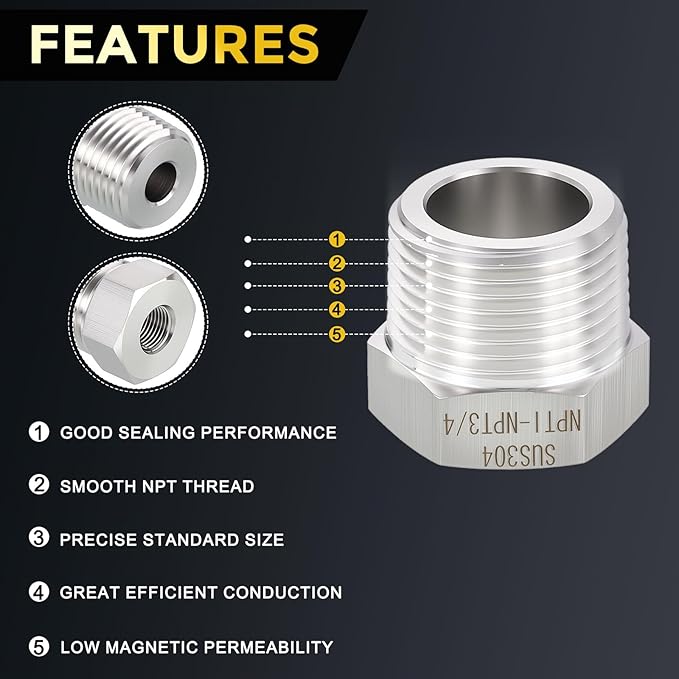 METALLIXITY 1PCS 1" Male NPT x 3/4" FeMale NPT Thread 304 Stainless Steel Hex Bushing Extension Tube Adapters Convert for Water Tub Spout/Shower