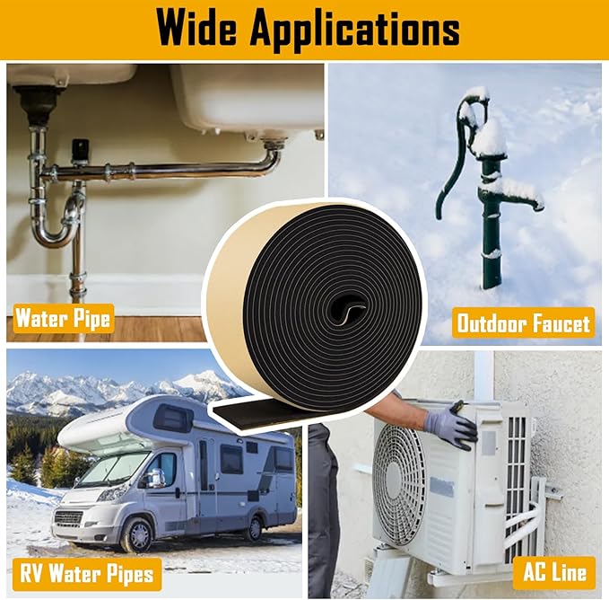 DEMEDO Pipe Insulation Tape, Pipe Wrap Insulation Foam Tape Self Adhesive, Outdoor Water Pipe Insulation Roll for HVAC, AC Line Insulation, 3 inch x 16.5 FT Heat Tape for Water Pipe, Black