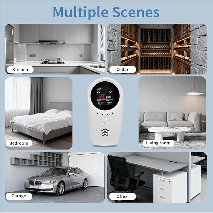 5-in-1 Plug-in & Battery Backup Carbon Monoxide Detectors，Portable Travel Carbon Monoxide Detector, Natural Gas Leak Detector with Temp. Humid. for Home, RV, Camping (Shipping Without Batteries)