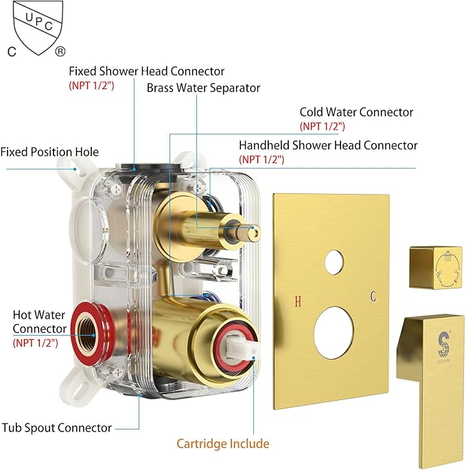 SR SUN RISE 12 Inches All Metal Square Shower System with Tub Spout, Tub Shower Faucet Set, High Pressure Rain Shower Head and Handheld Sprayer Combo Shower Fixtues, Valve Included, Brushed Gold