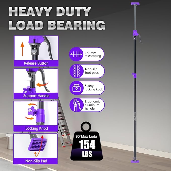Quality Steel Adjustable Cabinet Jack Support Pole, Quick Support Rod & Cargo Bars, Drywall Jack, Zipwall Dust Barrier System, 3rd Hand Support System 154LB, Extend from 49.2-114.2 in, 1-Pack