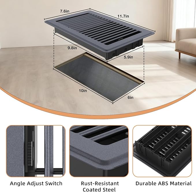6 x 10 Floor Register, Heavy - Duty Steel Adjustable Airflow Floor Vents, Rust - Resistant with Silent Operation Vent Covers for Home Floor - 4 Pack Dark Gray