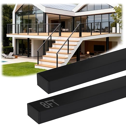 2Pack 8FT Stainless Steel Black Handrail for Cable Railing Post Kit, 2" W X 1" H Cuttable Rectangular Top Rail with End Cap Screw for Staircase Remodel Hallway Handrail Deck Railing Balcony