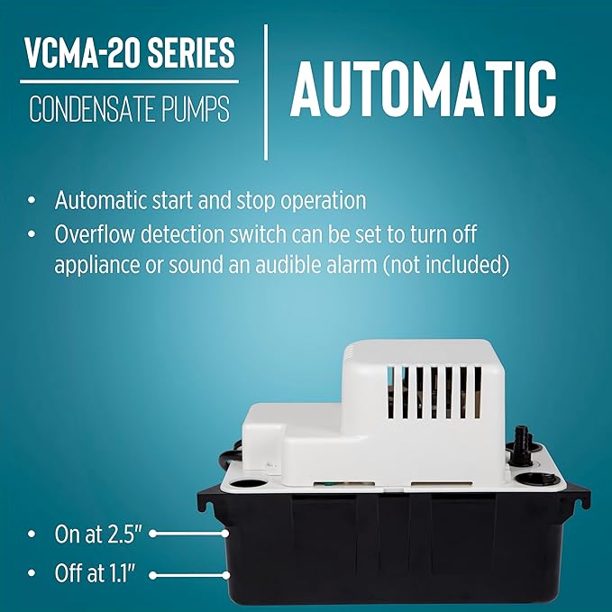 Little Giant VCMA-20ULST 115 Volt, 80 GPH, 1/30 HP Automatic Condensate Removal Pump for HVAC/Refrigeration Systems/Dehumidifiers with Overflow Detection Switch and 20-Foot Tubing, White/Black, 554435