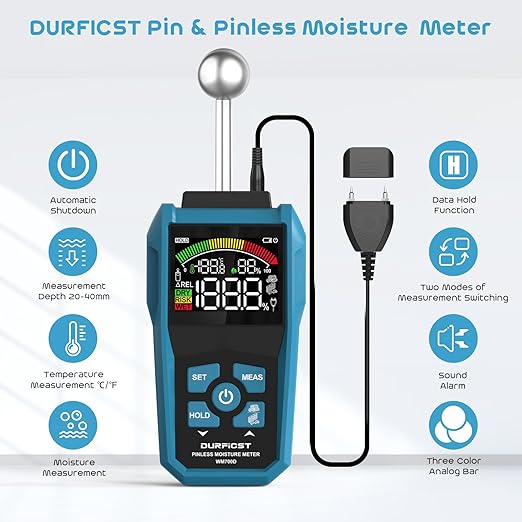 DURFICST Pin&Pinless Moisture Meter with Color LCD & Acoustic Alarm, Detects 20-40 mm Walls, Wood, Masonry, Concrete & Other Building Materials