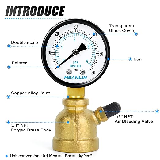 MEANLIN MEASURE 0-60Psi Forged Brass Air Test Pressure gauges, 3/4" FNPT Connection, 2" Double Graduated, Bell Shape Body Assembly, -3-2-3% Accuracy