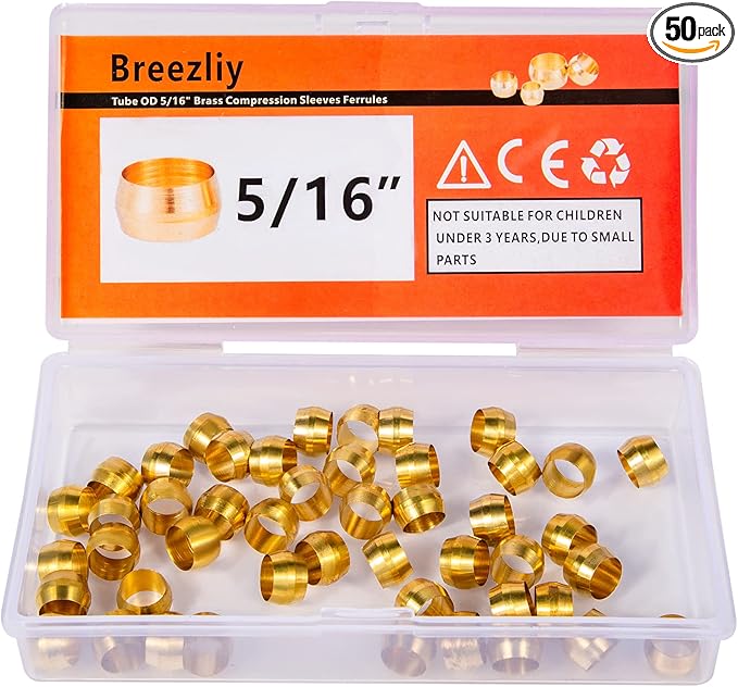 50PCS Tube O 5/16" Brass Compression Sleeves Ferrules,Brass Compression Fitting Assortment Kit (5/16" Tube OD)