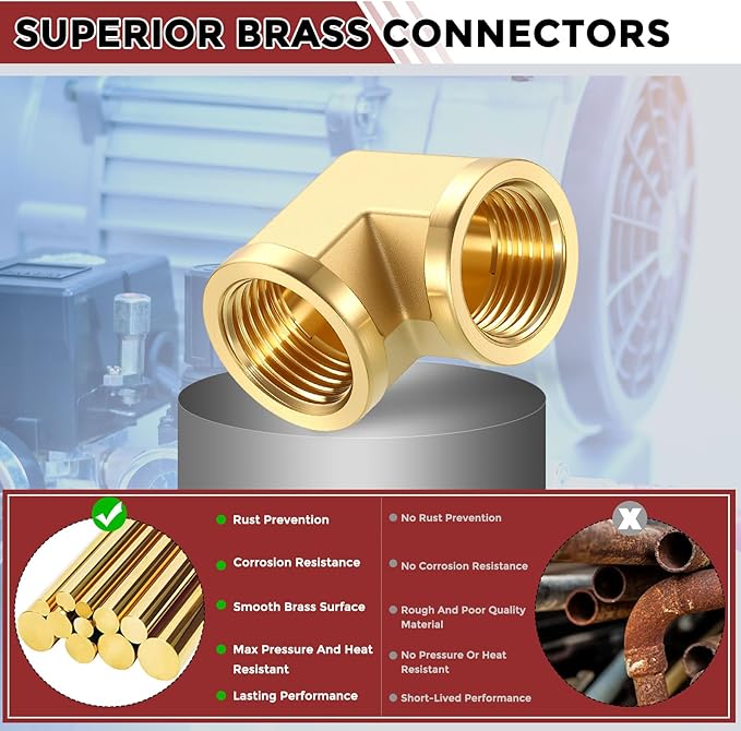 Pack of 2, 90° 1/2" NPT FeMale to 1/2" NPT FeMale Solid Brass Barstock Street Elbow, Forged Pipe Fitting for Pipe Leak Repair, Bathroom Remodeling, Tool Extensions, Compression