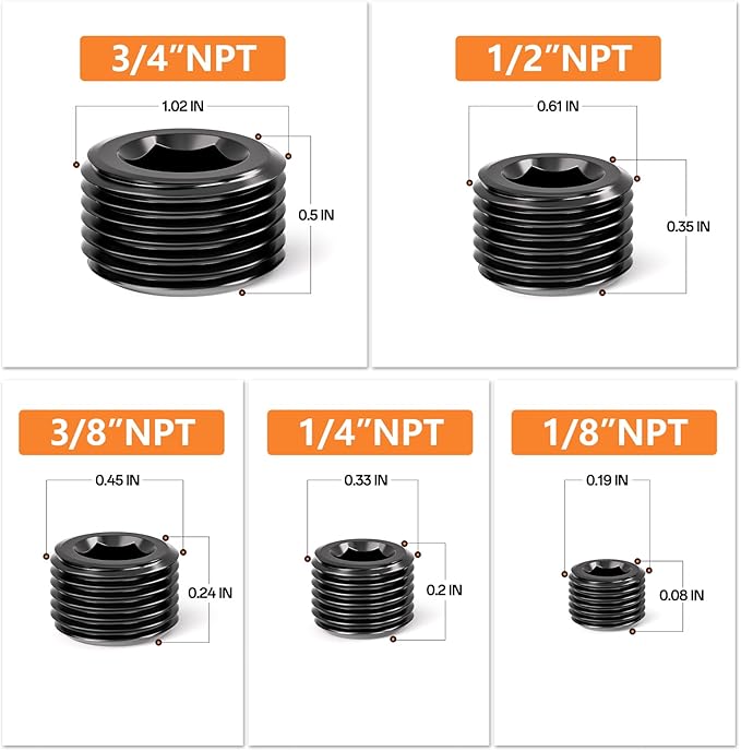 GASHER 70Pcs Carbon Steel Pipe Plug Fitting Internal Hex Thread Socket Pipe Plug Set, 1/8" 1/4" 3/8" 1/2" 3/4" NPT