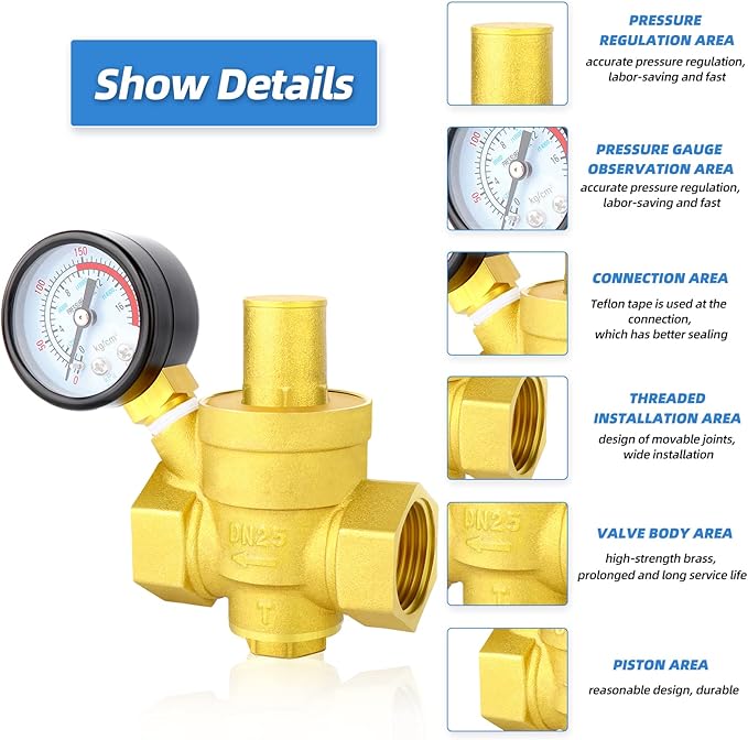 MEANLIN MEASURE 1 inch brass Water pressure regulating valve, pressure regulating valve, pressure reducing valve, DN25, with 0-220PSI pressure gauge