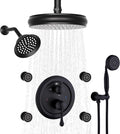 Enga Antique Shower Faucet Sets Dual Heads with 4 Body Jets, 8" + 6" Ceiling & Wall Mount Vintage Shower Head with Handheld Spray Combo, 4 Way Diverter Brass Valve, Matte Black