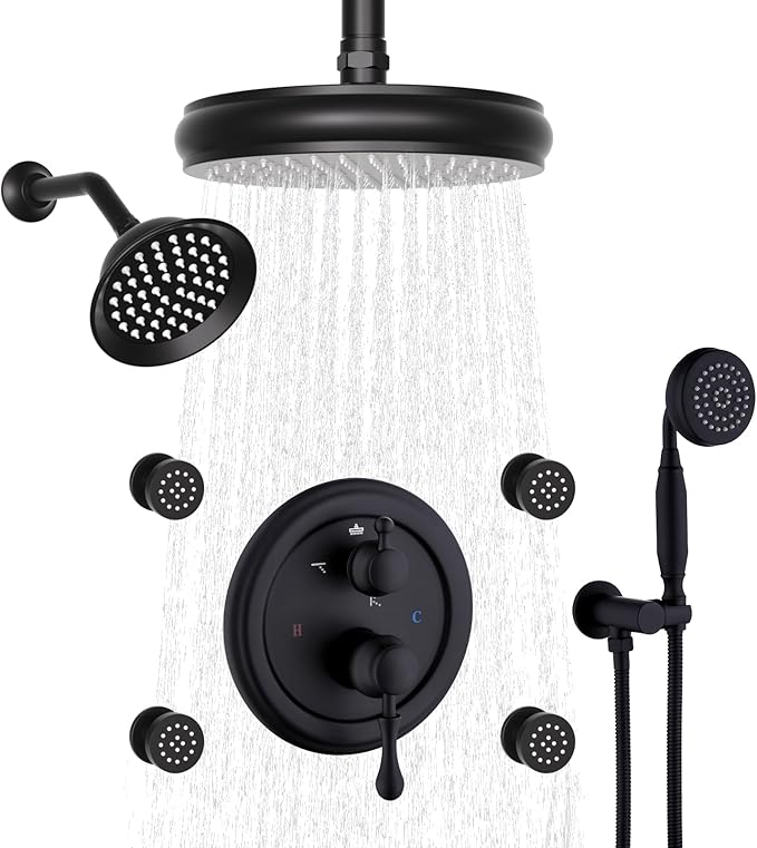 Enga Antique Shower Faucet Sets Dual Heads with 4 Body Jets, 8" + 6" Ceiling & Wall Mount Vintage Shower Head with Handheld Spray Combo, 4 Way Diverter Brass Valve, Matte Black