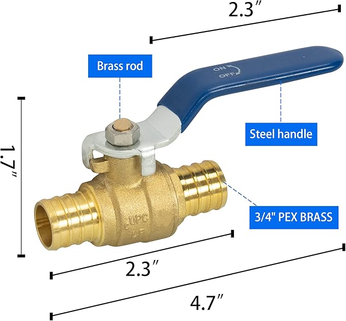 Hourleey 2 Pieces 3/4 Inch Pex Brass Full Port Shut Off Ball Valve Hot and Cold, Quarter Turn HOT (RED) COLD (BLUE) of Brass Water Stop Shut Off, 1 Piece Each