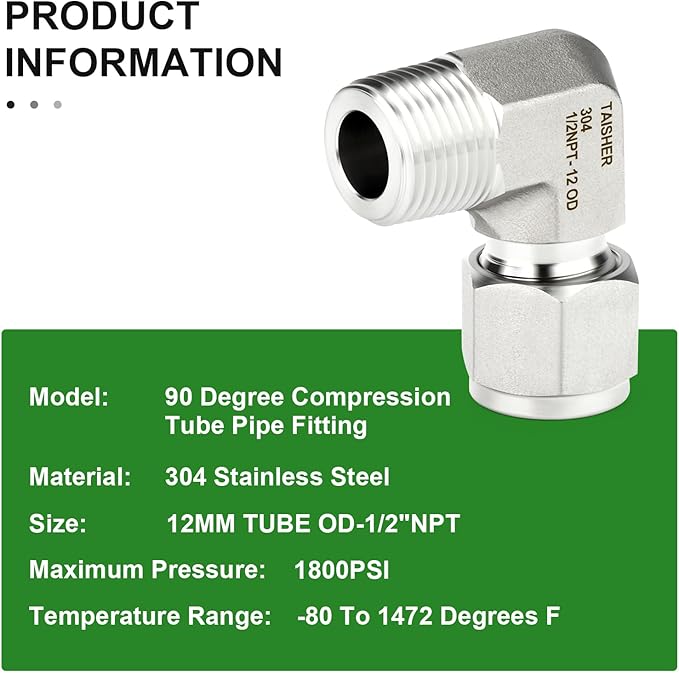 TAISHER 1PCS 304 Stainless Steel 90 Degree Compression Tube Pipe Fitting Connector, 12MM Tube OD x 1/2" NPT Male Adapter