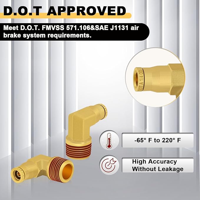 Siptenk 1/4" Elbow DOT Brass Push to Connect Air Line Fittings 5 PCS, 1/4" OD Tube x 3/8" NPT Thread Air Brake Line Quick Connect Fittings for Truck Trailers Industry Air System