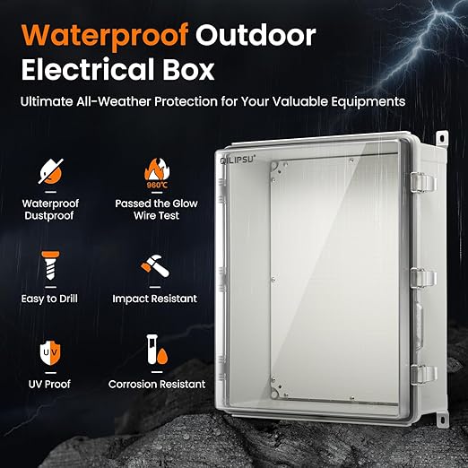 QILIPSU UL94-V0 Outdoor Electrical Box 20.3"x16.4"x7.9" Waterproof Junction Box Weatherproof PC/ABS Alloy Plastic IP66 Project Electric Enclosure Clear Hinged Door