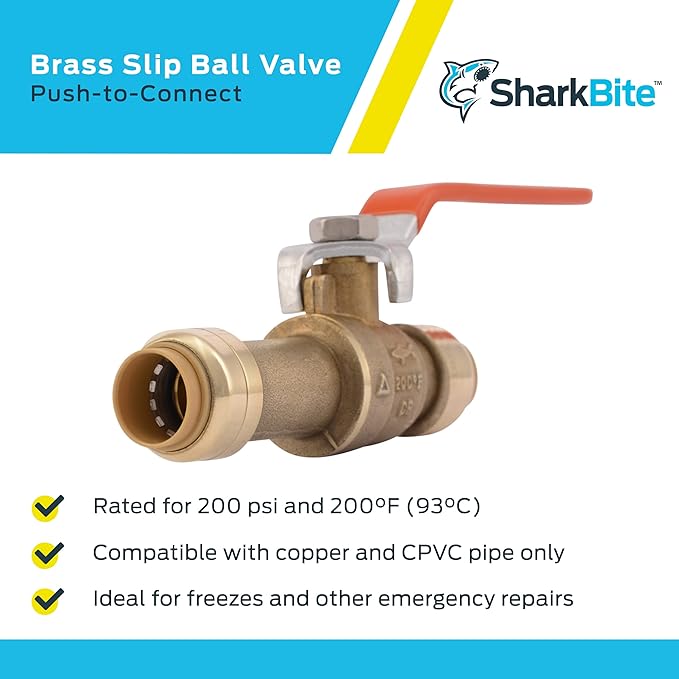 SharkBite 1/2 Inch Slip Ball Valve, Push to Connect Brass Plumbing Fitting, PEX Pipe, Copper, CPVC, PE-RT, HDPE, 24735LF