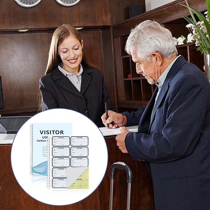 3 Pack of 450 Visitor Badges Registry Log with Carbon Copy Visitor Stickers Letter Size Visitor Log Book Extras Protecting Privacy Pages Spiral-Bound Visitor Badges Guest Register Book (3)