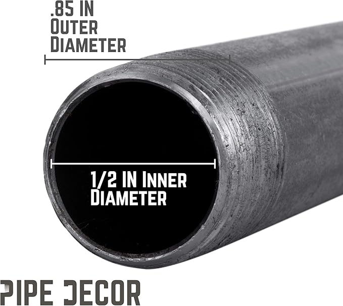 PIPE DÉCOR 1/2” x 9” Malleable Cast Iron Pipe Nipple, Pre-Cut Connectors, Industrial Steel Grey Fits Standard Half Inch Black Threaded Pipes Nipples and Fittings, Build Vintage DIY Furniture, 6 Pack