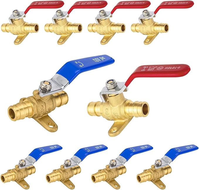 10-Pack Foskan Brass PEX-A Expansion Drop Ear Full Port Ball Valve, 1/2" Shut-off Valve for Hot and Cold Water Distribution(Blue and Red)