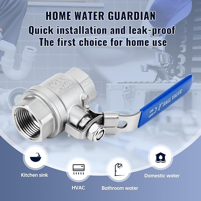 2 Pack 3/4'' Ball Valves NPT Female Stainless Steel 304 Full Port Locking Ball Valve Handle, Heavy Duty Shut Off Valve for Home and Industrial (3/4 Inch)